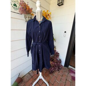 Lands End Navy Blue Medium Cotton Corduroy Button Front Shirt Dress Pockets Belt